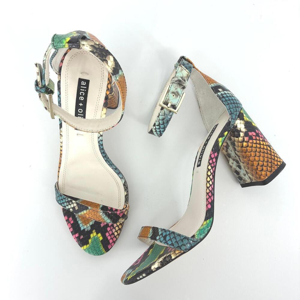 alice + olivia Women's Colorful Snake Print Block Heel Sandals Size 7M